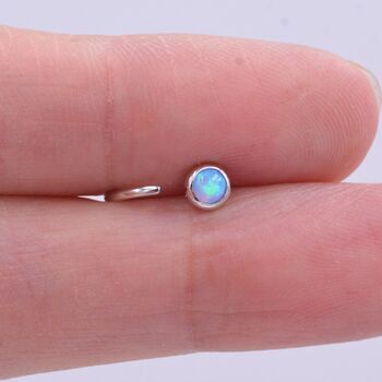 Sterling Silver Blue Or White Opal Huggie Hoop Threader Earrings, 7 of 11
