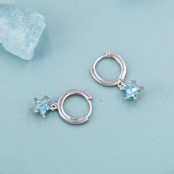 Sterling Silver Aqua Blue Cz Star Huggie Hoop Earrings, 2 of 12