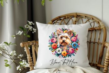 Personalised Yorkshire Terrier Summer Floral Dog Wreath Cushion And Mug Bundle, 4 of 4