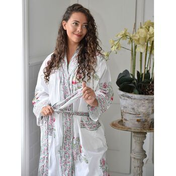 Block Printed Floral Bird Cotton Dressing Gown, 2 of 5