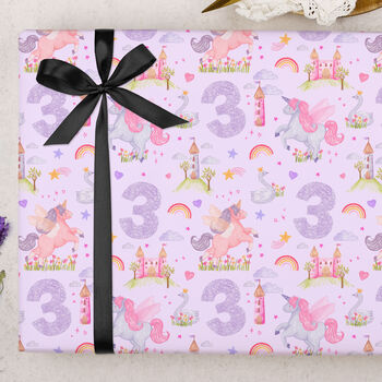 Three Sheets Of Children's 3rd Birthday Unicorn Wrapping Paper, 2 of 2