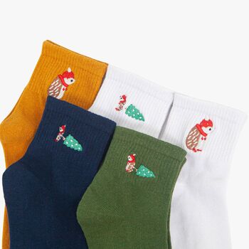 Women's Christmas Hedgehog Embroidered Cotton Ankle Socks Five Pack, 2 of 7