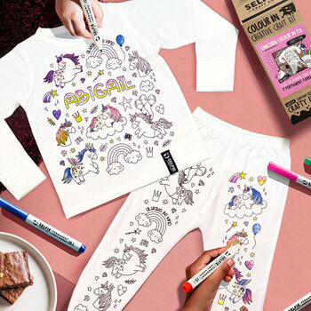 Personalised Unicorn Colour In Pyjamas With Pens, 2 of 10