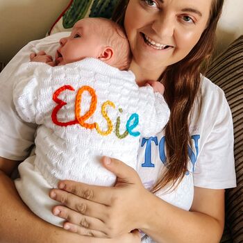 Hand Embroidered Personalised Baby Name Cardigan, 6 of 9