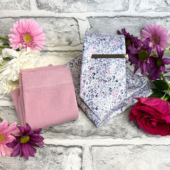 Pink And Silver Ditsy Floral Wedding Tie Set, 6 of 6