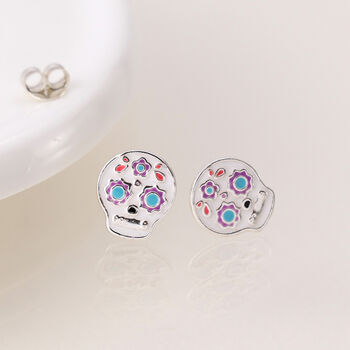 Sterling Silver Sugar Skull Stud Earrings: Día De Los Muertos – 10mm, 3 of 4