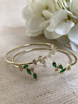 Emerald Green Gold Dainty Leaf Cuff Bangle, 4 of 6