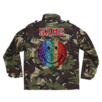Sequin Smiley Face Personalised Kids Camo Jacket, 6 of 7