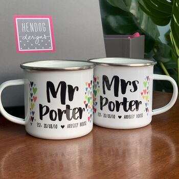 Mr And Mrs Personalised Enamel Mug Wedding Set, 2 of 4