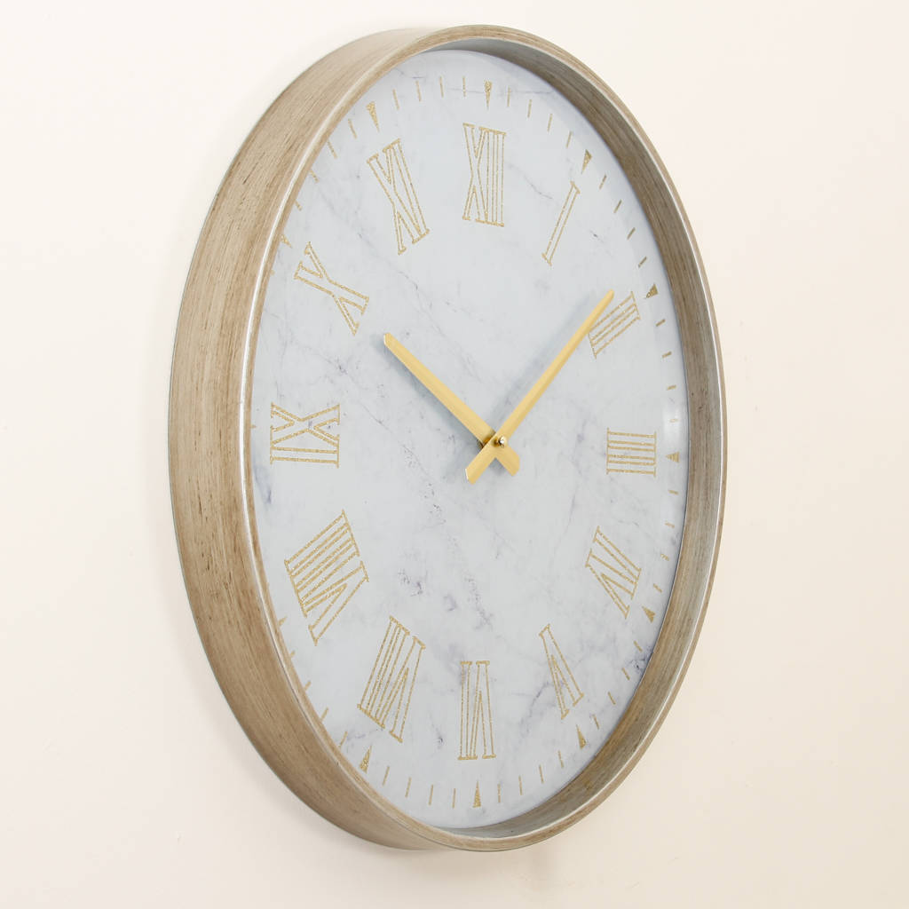 White Marble Effect Wall Clock With Gold Roman Numerals By Dibor