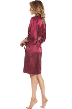 British Made Burgundy Short Satin Dressing Gown With Lace Detail, 5 of 5