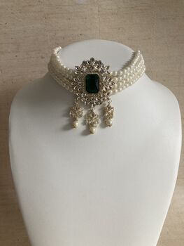 Emerald Green Gold Plated Kundan And Pearl Choker Set, 4 of 10