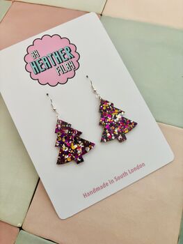 Purple And Gold Christmas Tree Glitter Earrings / Stocking Filler / Santa Present, 2 of 10