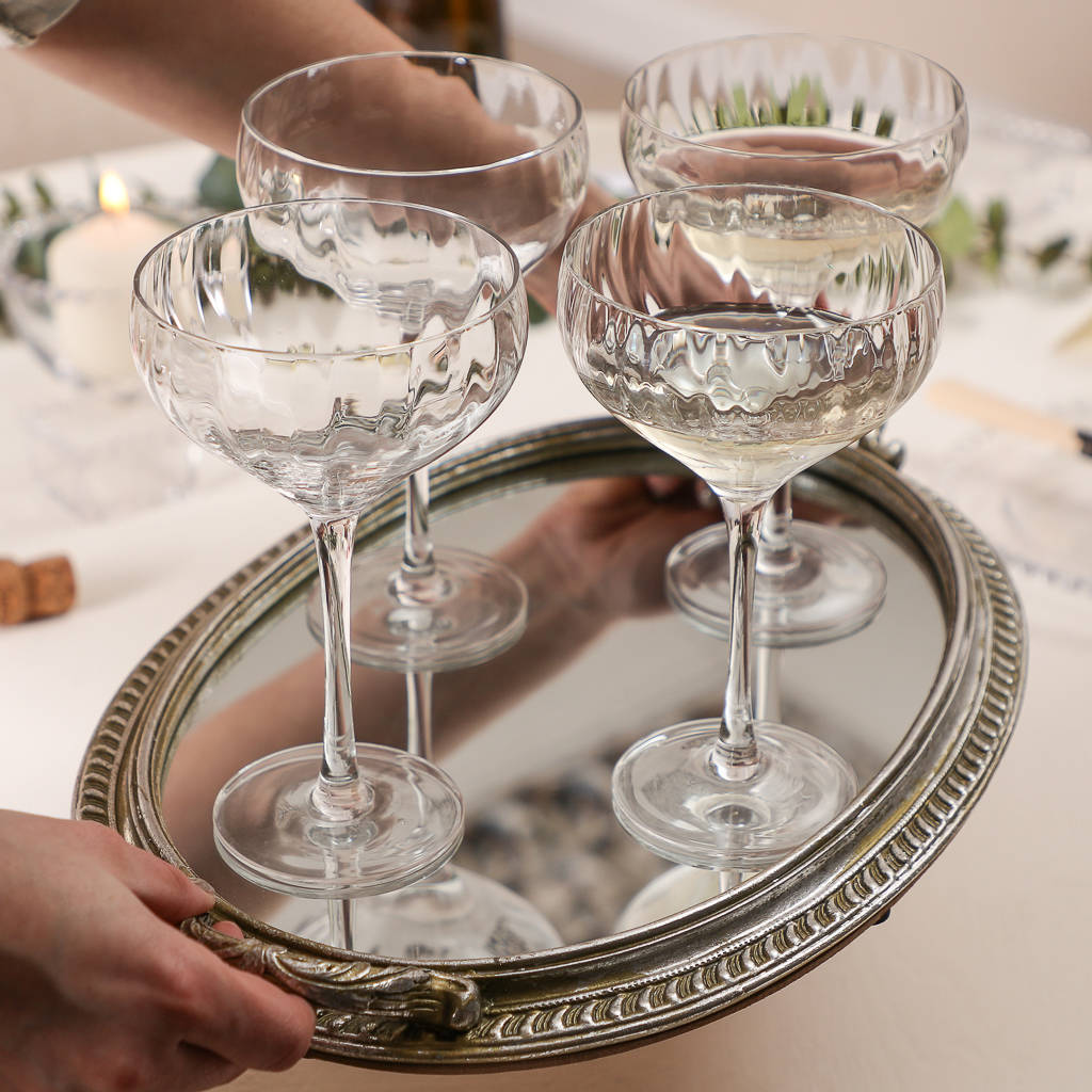 Set Of Four Ribbed Glass Champagne Saucers By Dibor