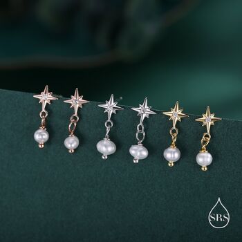 Starburst And Tiny Dangle Pearl Stud Earrings In Sterling Silver, 4 of 10