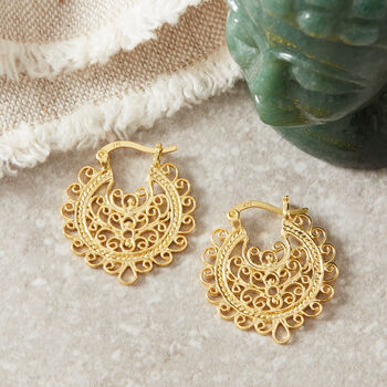 Flat Detailed Gold Filigree Hoop, 18 K Gold Vermeil, 2 of 11