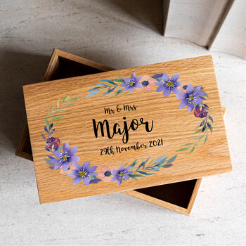 Personalised Wedding Keepsake Oak Box Purple Flowers, 3 of 3