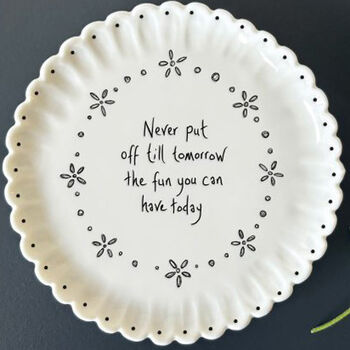 East Of India Scallop Porcelain Coaster Gift With Quote 'Never Put Off Till Tomorrow..', 2 of 4