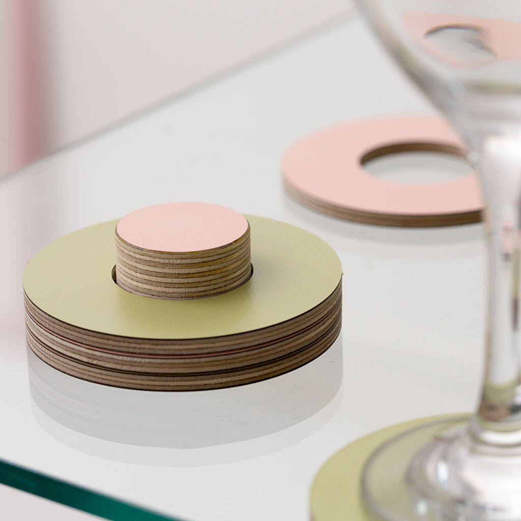 Set Of Four Wood Coasters, Pink And Olive Green By Block Design