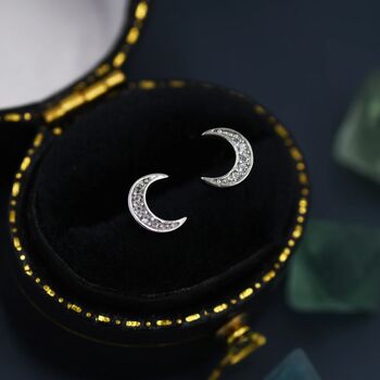Cz Crescent Moon Stud Earrings In Sterling Silver, 4 of 11