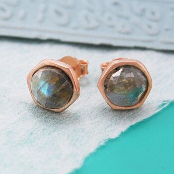 Labradorite Rose/Gold Plated Silver Stud Earrings, 2 of 3