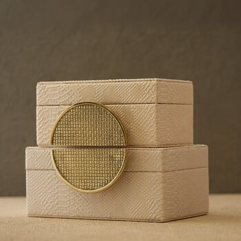 Handmade Burgundy Leather Box Set With Brass Half Moon Handles, 3 of 6