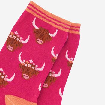 Women's Highland Cow Bamboo Socks Pink, 3 of 4