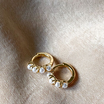 18k Gold Plated Pearl Huggie Hoop Earrings, 2 of 2