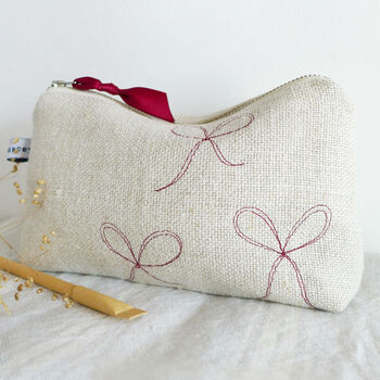 Embroidered Linen Bows Mid Pouch, 6 of 6