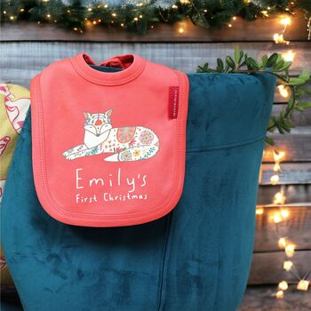 Personalised Nordic Snow Cat First Christmas Bib, 5 of 7