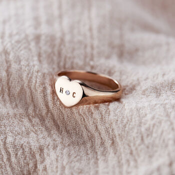 Personalised Handstamped Heart Signet Ring With Diamond, 6 of 12