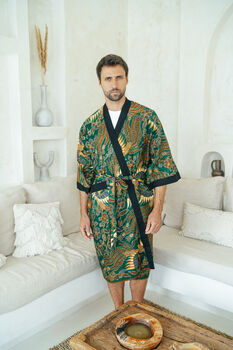 Men's Batik Kimono Robe In Green, 4 of 7