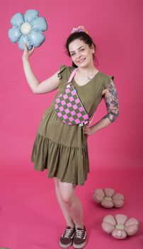 Waxed Canvas Crossbody Bag Pink Checkered Pattern On Green, 2 of 4