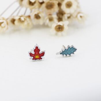 Sterling Silver Mismatched Enamel Maple Leaf And Oak Leaf Stud Earrings, 7 of 12