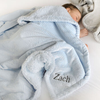 Personalised Blue Sherpa Blanket And Lamb Comforter Set, 5 of 8