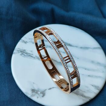 18ct Rose Gold Zircon Roman Number Cuff Bracelet, 4 of 5
