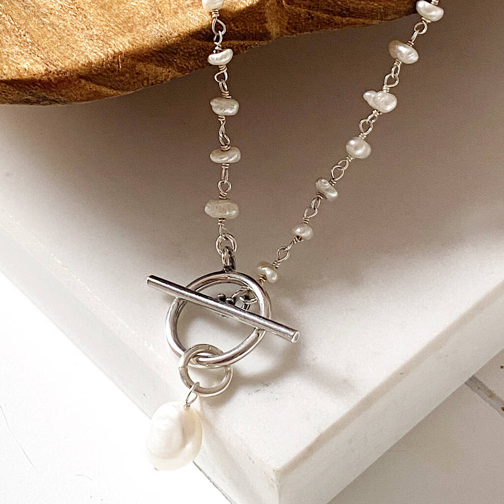 Sterling Silver And Pearl T Bar Necklace By Clover and Swift