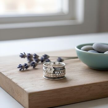 Handmade Sterling Silver Daisy Spinner Ring – Wide Hammered Band, 3 of 3