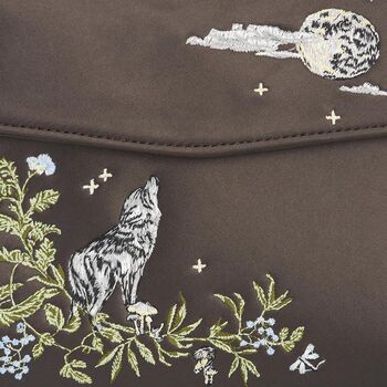 Wolf And Moon Embroidered Charcoal Satin Tote, 8 of 8