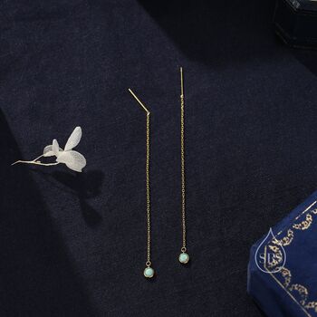 Aqua Green Opal Dot Long Threader Earrings, 3 of 11