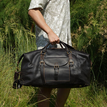 Genuine Leather Holdall With Front Pocket Detail, 9 of 12