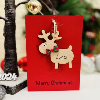 Personalised Reindeer Bauble Christmas Card Wooden, 2 of 9