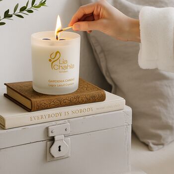 Gardenia Scented Candle Infused With Lapis Lazuli Crystals, 6 of 10
