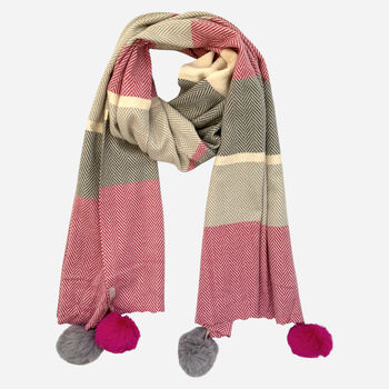 Cashmere Herringbone Pink Pom Pom Scarf, 3 of 5