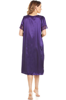 British Made Purple Short Sleeved Satin Nightdress With Lace Detail Ladies Size 8 To 28 UK, 2 of 5