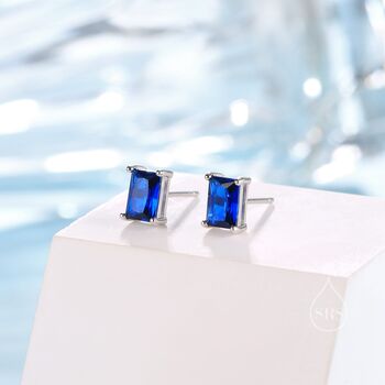 Sterling Silver Emerald Cut Sapphire Blue Cz Stud Earrings, 6 of 12