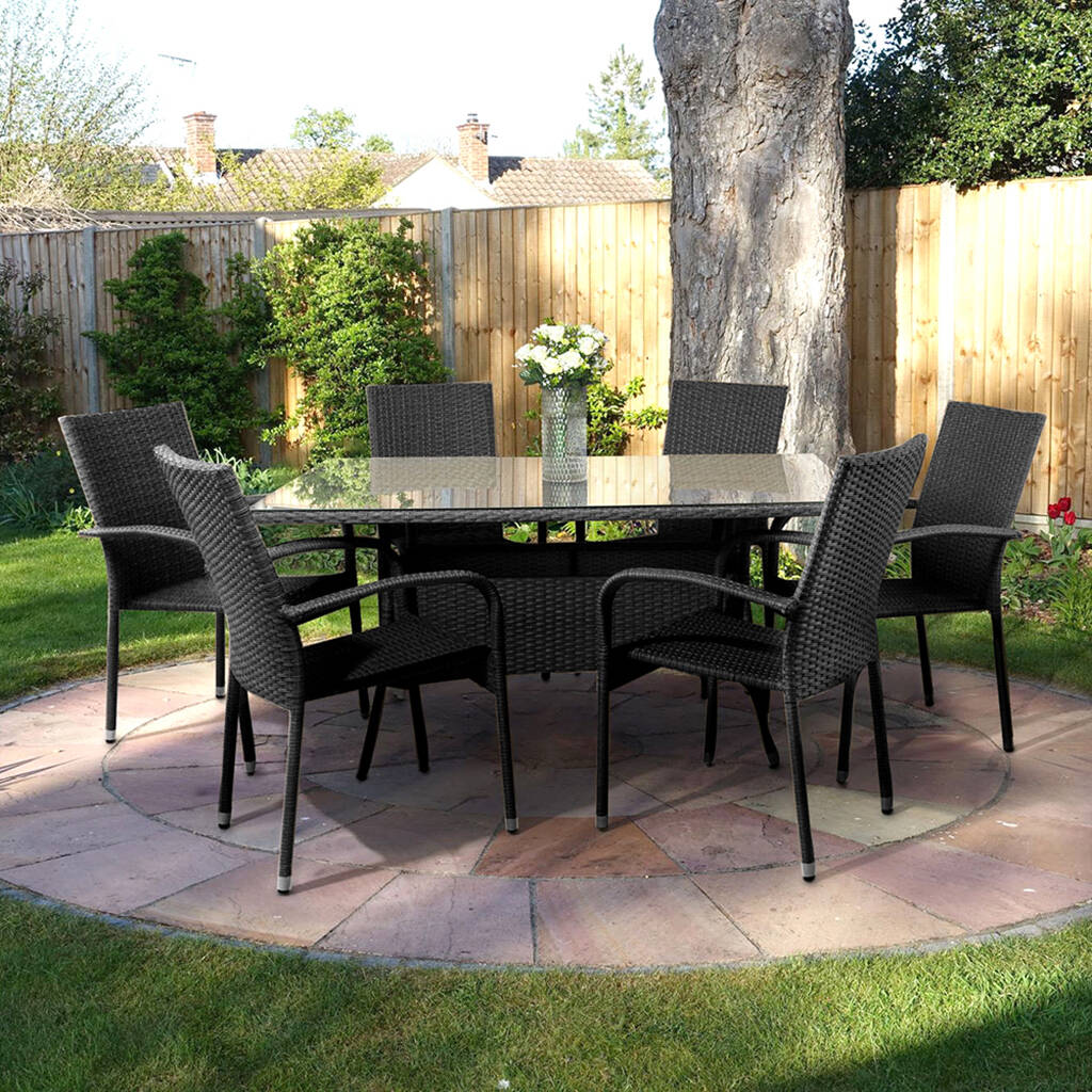 Rattan Rectangular Dining Set Six Seat Oatmeal By Garden Chic