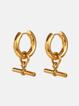 Chunky 18 K Thick Gold Plated T Bar Hoop Earrings, 2 of 6