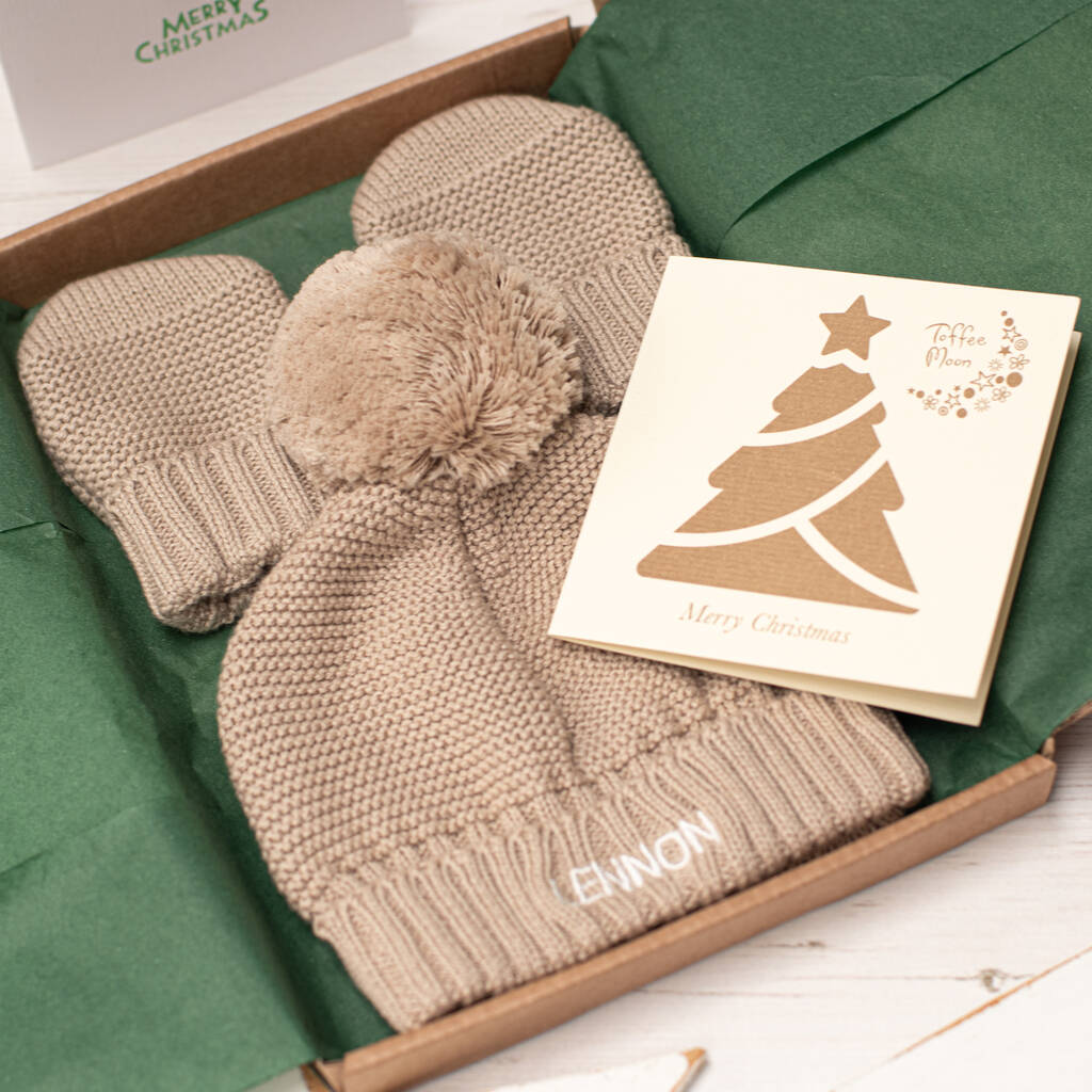 First Christmas Personalised Bobble Hat And Mittens Set, 1 of 10