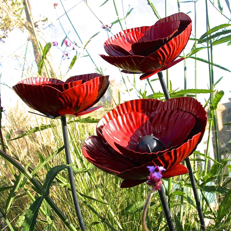 Set Of Three Garden Poppy Sculptures By London Garden Trading 